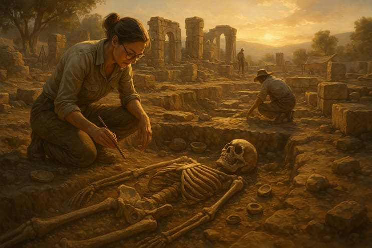 excavación arqueológica al atardecer con figuras humanas revelando restos antiguos, simbolizando el impacto de los descubrimientos arqueológicos recientes en la reconstrucción de la historia