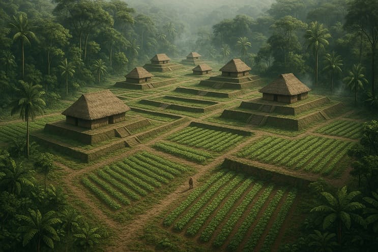 ilustración de canales de drenaje y terrazas agrícolas diseñadas por civilizaciones amazónicas antiguas detectadas con tecnología LiDAR