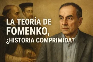 Ilustración conceptual de la teoría de Fomenko mostrando relojes fragmentados sobre manuscritos antiguos y mapas antiguos, simbolizando la compresión del tiempo histórico