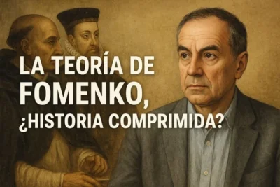 Ilustración conceptual de la teoría de Fomenko mostrando relojes fragmentados sobre manuscritos antiguos y mapas antiguos, simbolizando la compresión del tiempo histórico