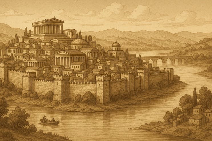 Recreación de una ciudad antigua tipo Bizancio al atardecer, inspirada en paralelismos históricos de la teoría de Fomenko