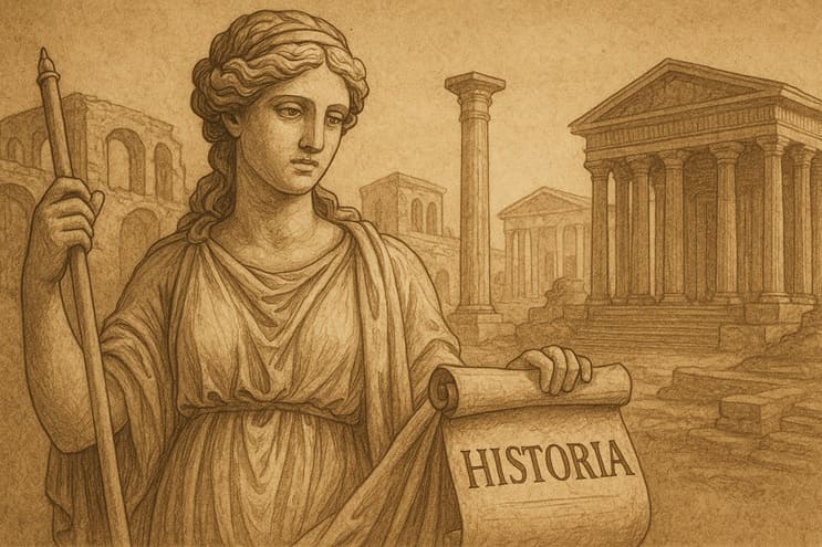 Estatua femenina de mármol clásico sosteniendo un pergamino con la palabra HISTORIA, frente a ruinas romanas