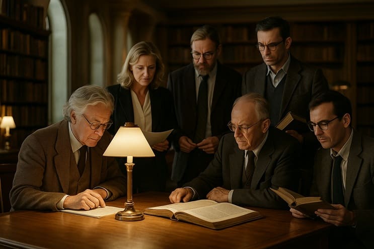 Grupo de eruditos revisando documentos históricos en una biblioteca antigua, en actitud crítica hacia teorías revisionistas como la de Fomenko