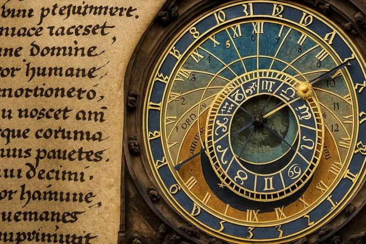 Composición visual que fusiona un manuscrito medieval con elementos de cronología digital, simbolizando el debate sobre la teoría del tiempo fantasma