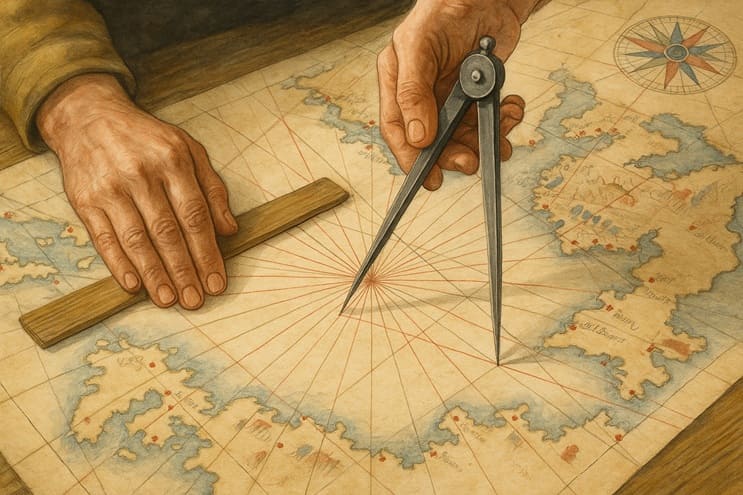 Compás medieval trazando rutas en un portulano náutico