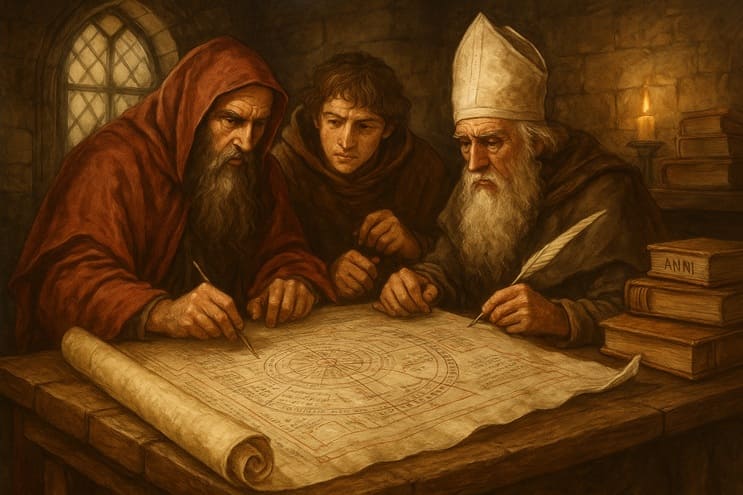 Ilustración de tres eruditos medievales revisando y alterando manuscritos históricos