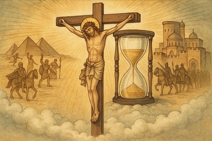 escena compuesta que muestra a Jesús en distintas eras para ilustrar la posible reconstrucción histórica de su figura