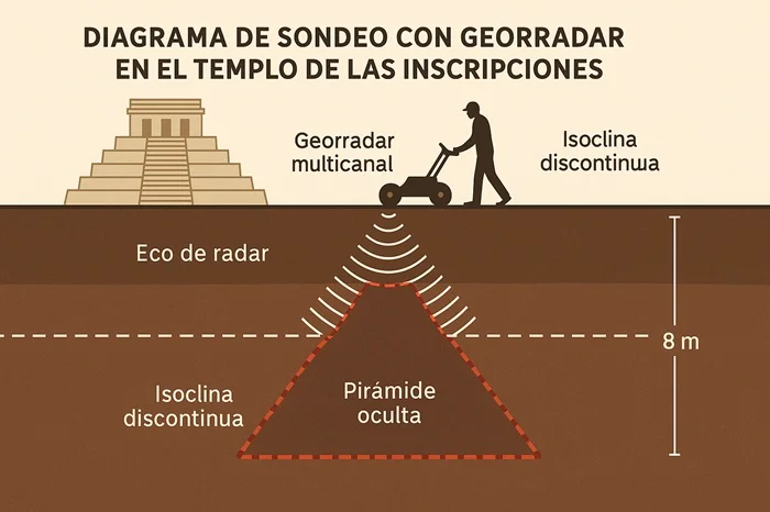 Diagrama de sondeo con georradar en el Templo de las Inscripciones que revela la pirámide oculta bajo Palenque.