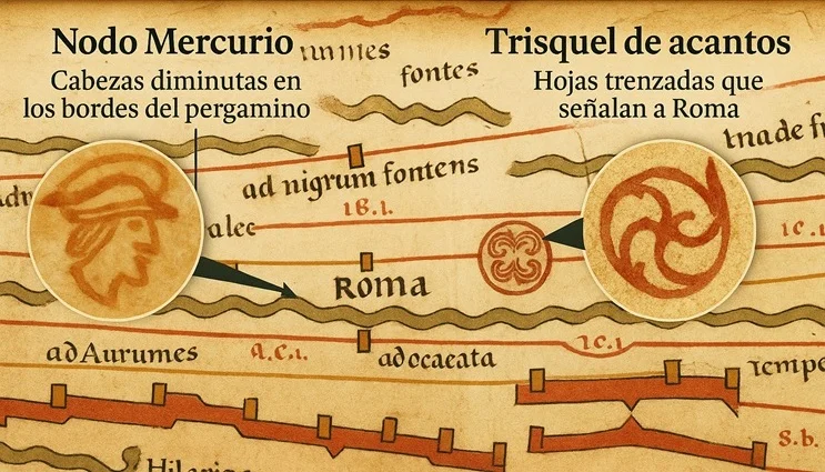Símbolos ocultos: cabezas de Mercurio y triskel de acanto en la Tabula Peutingeriana.