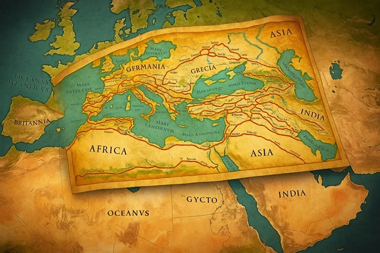 Comparativa detallada de la Tabula Peutingeriana sobre el mapa moderno de Europa y Asia