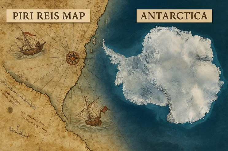 Superposición de la costa antártica real sobre el mapa de Piri Reis