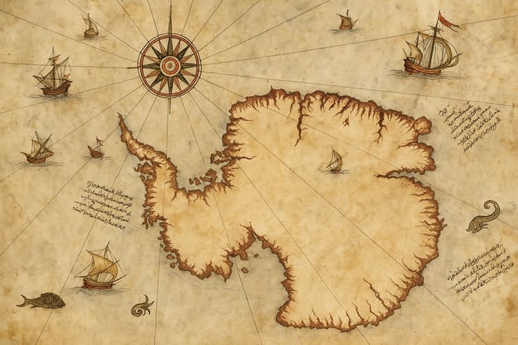 Detalle del mapa de Piri Reis mostrando la supuesta representación de la Antártida sin hielo, con líneas costeras detalladas y símbolos náuticos.