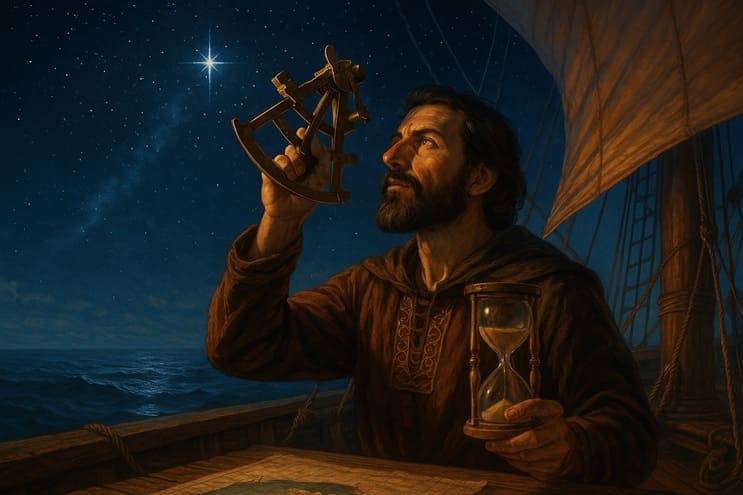Navegante medieval usando astrolabio y reloj de arena en el Atlántico