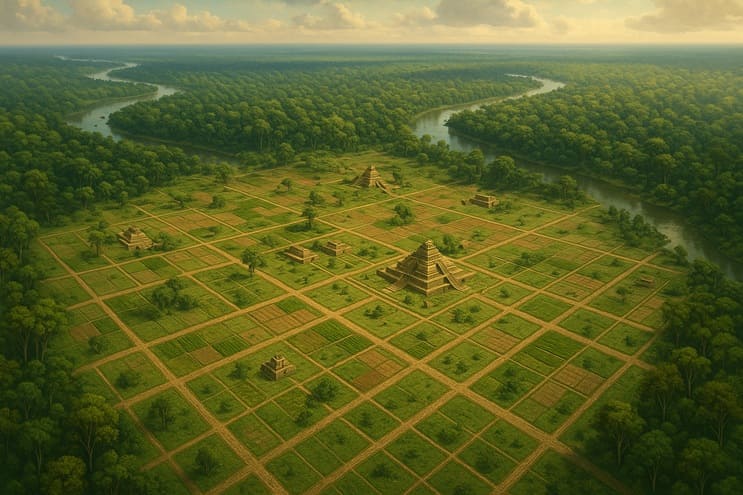 representación digital de caminos y plataformas ocultas bajo la selva, como parte de una megalópolis amazónica detectada por LiDAR