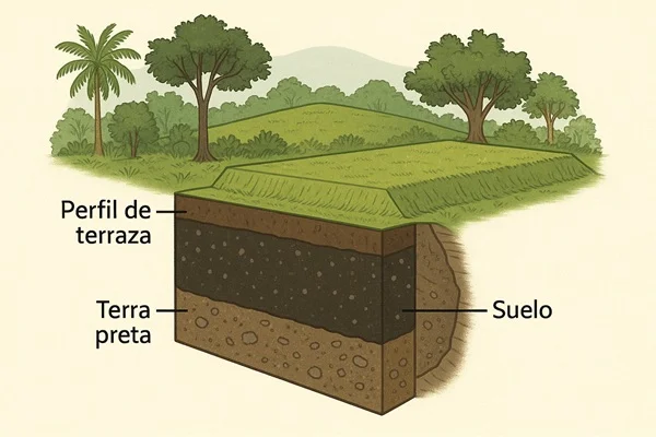 Sección de terraza amazónica con capa de terra preta sobre suelo natural