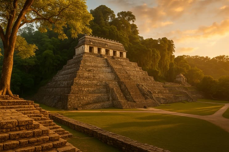 vista arqueológica del complejo de Palenque con vegetación tropical, aludiendo al descubrimiento de la pirámide oculta bajo el Templo de las Inscripciones