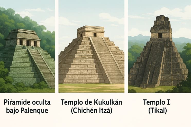 comparativa visual de la pirámide oculta bajo Palenque frente al Templo de Kukulkán y Templo I de Tikal, destacando diferencias arquitectónicas clave