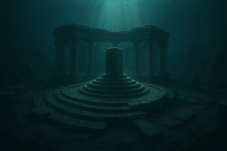 Ruinas de un templo solar sumergido en el golfo de Cádiz, con columnas circulares y un monolito central sobre escalones concéntricos, iluminado por rayos de luz bajo el océano.