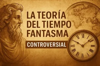 Ilustración conceptual de la teoría del tiempo fantasma mostrando una línea temporal fragmentada sobre mapas antiguos y relojes manipulados