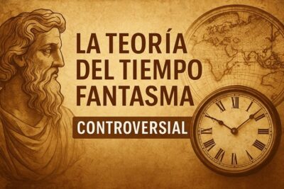 Ilustración conceptual de la teoría del tiempo fantasma mostrando una línea temporal fragmentada sobre mapas antiguos y relojes manipulados