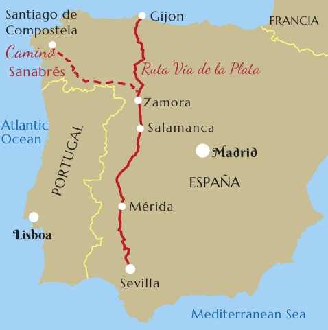 Mapa actual de la Ruta Vía de la Plata superpuesta a la calzada romana original