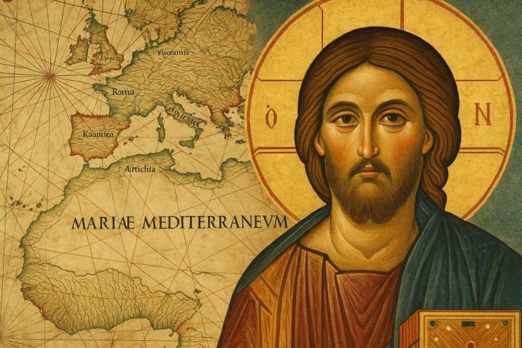 mapa antiguo con iconografía bizantina de Jesús, simbolizando la desincronización entre la geografía histórica y la cronología real de su vida