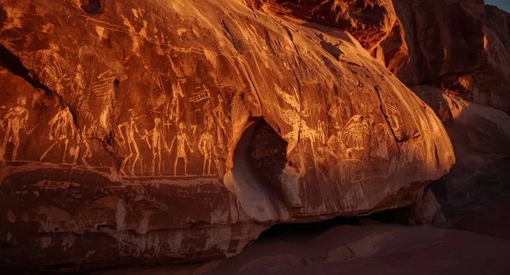 Arte rupestre en acantilados de Utah con símbolos similares a los mexicas, apoyando visualmente la hipótesis Aztlán ubicación Utah.