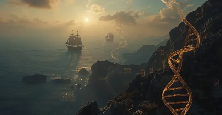 Barcos fenicios acercándose a la costa de la antigua España al amanecer, con símbolos ancestrales y una cadena de ADN superpuestos, evocando el misterio del origen fenicio en la península.