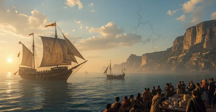 Barcos fenicios arribando a la costa del norte de España al amanecer, simbolizando el inicio de la huella genética fenicia en la región