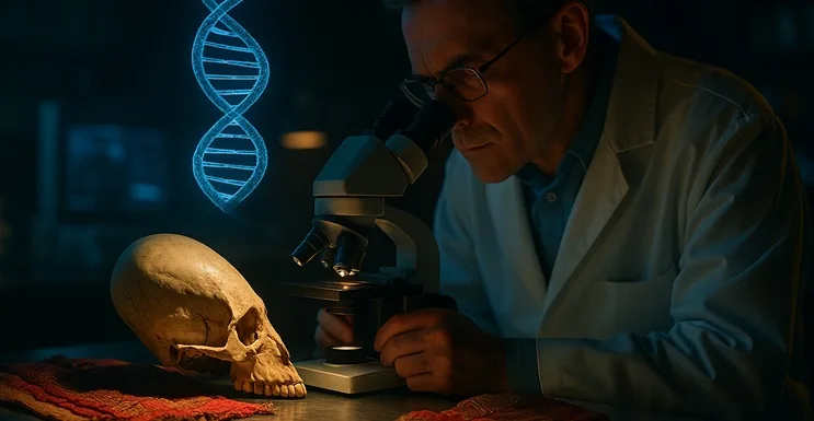 Investigador en laboratorio analiza fragmento de los cráneos alargados Paracas junto a un holograma de ADN.