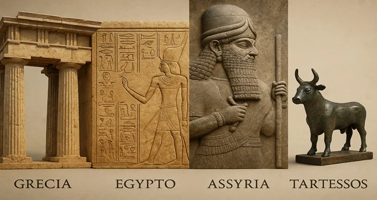 Montaje editorial comparativo de elementos culturales de Tartessos, Egipto, Asiria y Grecia en la Edad del Bronce final.