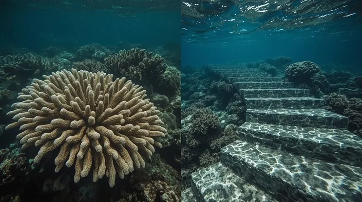 Comparación visual entre una formación coralina natural y una estructura escalonada cubierta por coral, ejemplificando la dificultad de distinguir ciudades sumergidas coral.