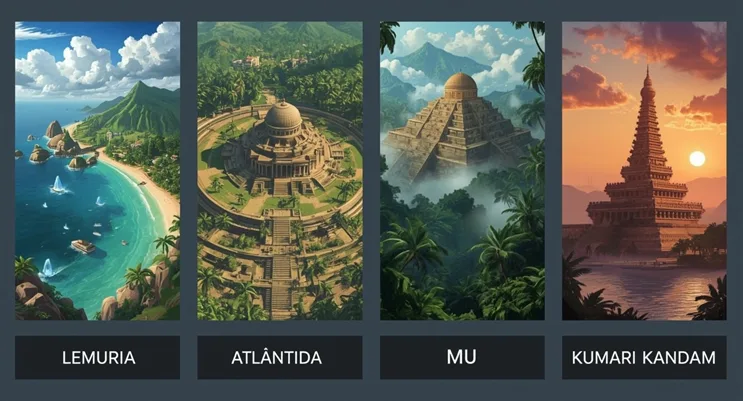 Comparativa visual de los mitos de Lemuria, Atlántida, Mu y Kumari Kandam.