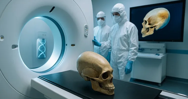 Escáner CT analiza un cráneo alargado Paracas mientras investigadores observan su reconstrucción 3D.