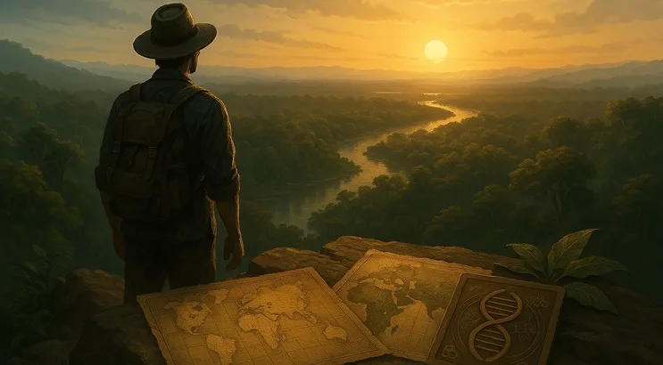 Explorador observando el horizonte amazónico con mapas antiguos y símbolos genéticos, simbolizando la búsqueda de rastros denisovanos en la región