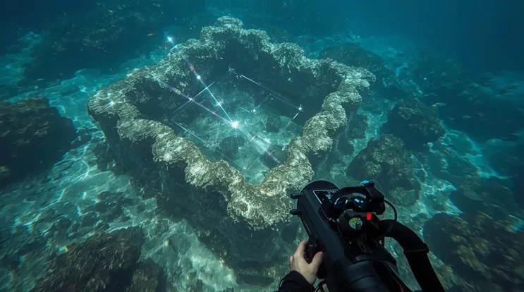 Explorador submarino utilizando un escáner de sonar sobre ruinas cubiertas de coral, en la búsqueda de ciudades sumergidas coral bajo el océano.