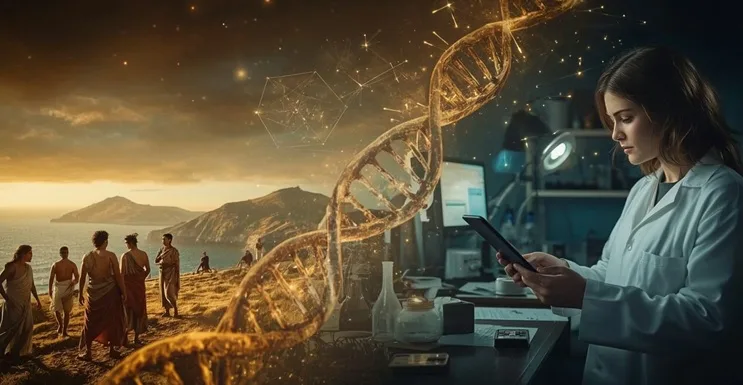 Hélice de ADN conectando antiguos fenicios en la costa norte de España con un científico moderno, ilustrando el impacto histórico y científico del ADN fenicio