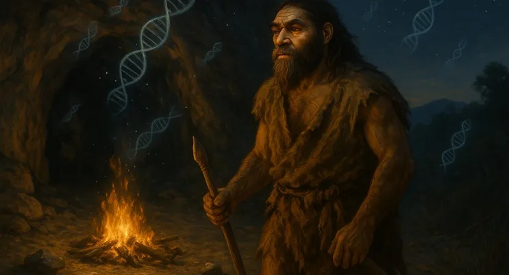 Representación artística de un denisovano en un entorno prehistórico, origen de los rastros denisovanos en la Amazonía