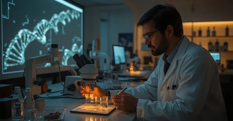 Laboratorio moderno analizando ADN antiguo, con mapas de América del Sur y rastros denisovanos resaltados