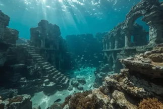 Vista submarina realista de una ciudad sumergida cubierta por coral, con estructuras megalíticas parcialmente ocultas bajo arrecifes, representando las ciudades sumergidas coral.