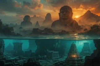 Representación artística de civilizaciones perdidas como la Atlántida, Göbekli Tepe y Mohenjo-Daro, envueltas en misterio y paisajes antiguos.