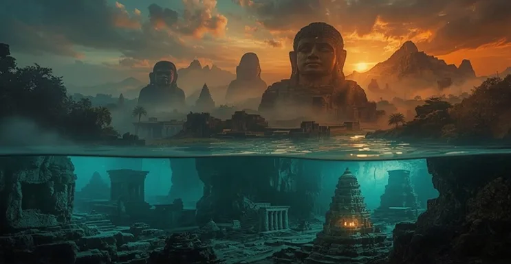 Representación artística de civilizaciones perdidas como la Atlántida, Göbekli Tepe y Mohenjo-Daro, envueltas en misterio y paisajes antiguos.
