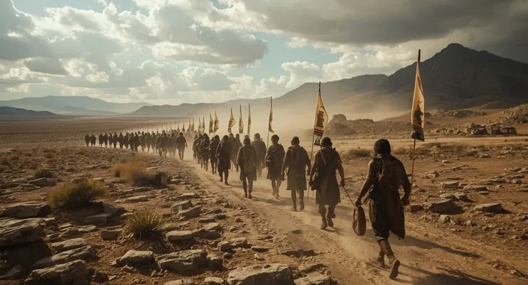 Representación artística de la migración mexica desde el norte, cruzando paisajes áridos con símbolos sagrados, vinculada a la hipótesis Aztlán ubicación Utah.