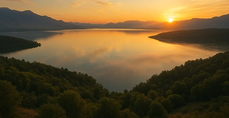 Paisaje realista de Utah Lake al amanecer, con montañas al fondo y niebla sobre el agua, representando la posible geografía real vinculada a la hipótesis Aztlán ubicación Utah.