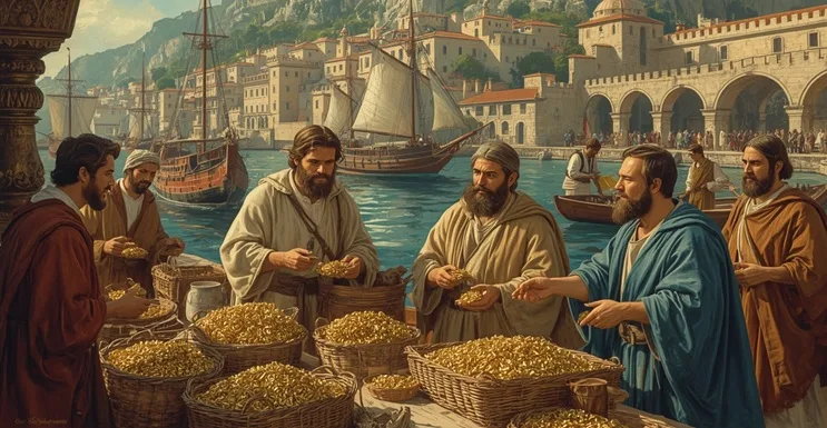 Representación artística de comerciantes tartésicos intercambiando oro y estaño con navegantes fenicios en un puerto de la antigüedad.