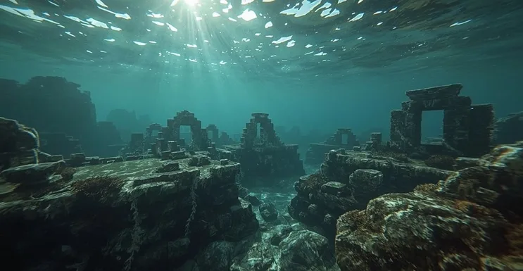 Ruinas submarinas estilizadas de una civilización perdida en Asia, cubiertas de coral y vegetación marina, con estructuras megalíticas inspiradas en culturas del Pacífico.