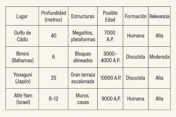 Mapa comparativo de sitios arqueológicos sumergidos como el golfo de Cádiz, Yonaguni, Pavlopetri y Dwarka.