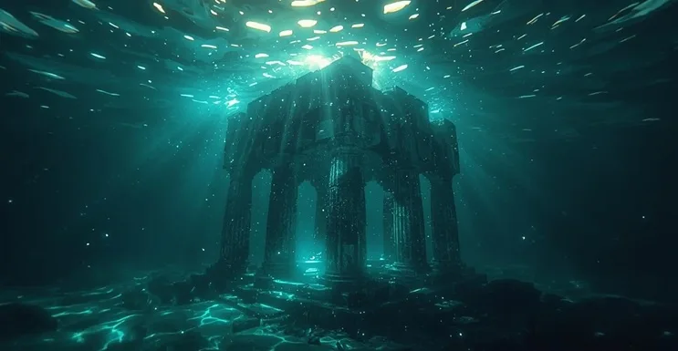 Templo sumergido con brillo bioluminiscente en un entorno oceánico místico, representando visiones esotéricas del Monumento de Yonaguni.