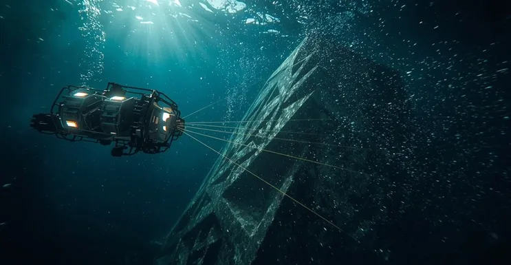 Vehículo submarino ROV escaneando el Monumento de Yonaguni con haces de sonar, iluminando estructuras de piedra tallada bajo el mar.