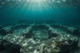 Vista submarina realista de las megaestructuras golfo de Cádiz, con bloques megalíticos sumergidos y luz filtrándose entre las aguas atlánticas.